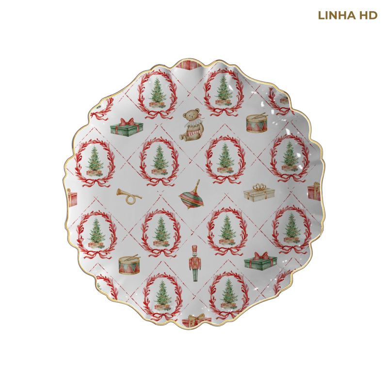PRATO RASO PIN DE NOEL ESTAMPADO C/ FILETE OURO - Linha Pin de Noel - HD - 
