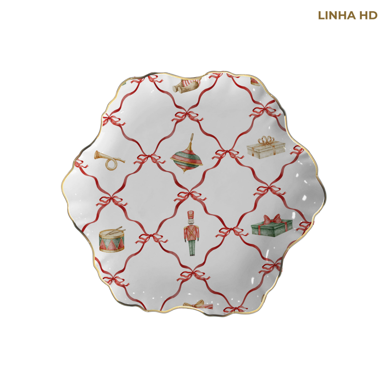 PRATO SOBREMESA PIN DE NOEL ESTAMPADO TR C/ FILETE OURO - Linha Pin de Noel - HD - 