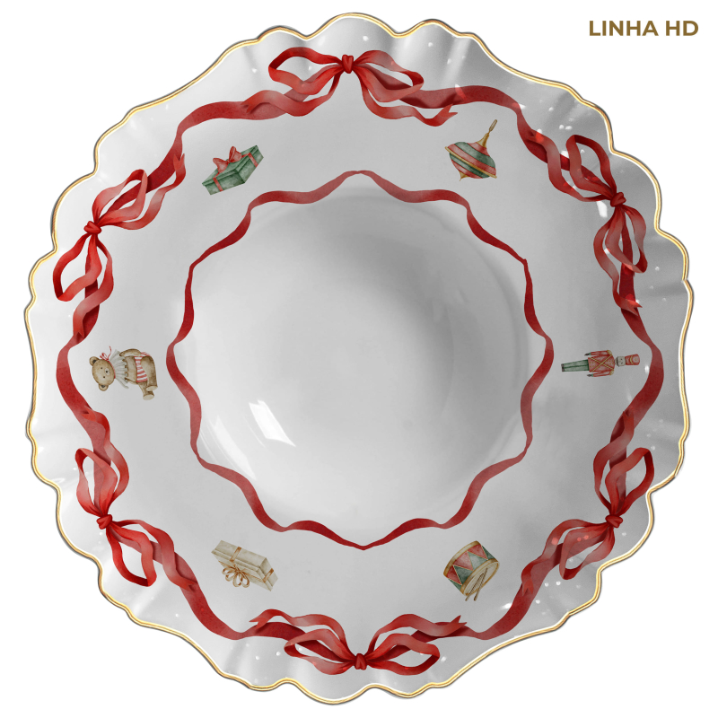 PRATO RISOTO PIN DE NOEL S/ TAMPA C/ FILETE OURO - Linha Pin de Noel - HD - 