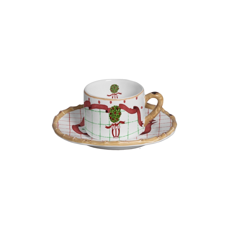 XÍCARA DE CAFÉ C/ PIRES CHRISTMAS TOPIARY FITA VERMELHO - Linha Christmas Topiary - 