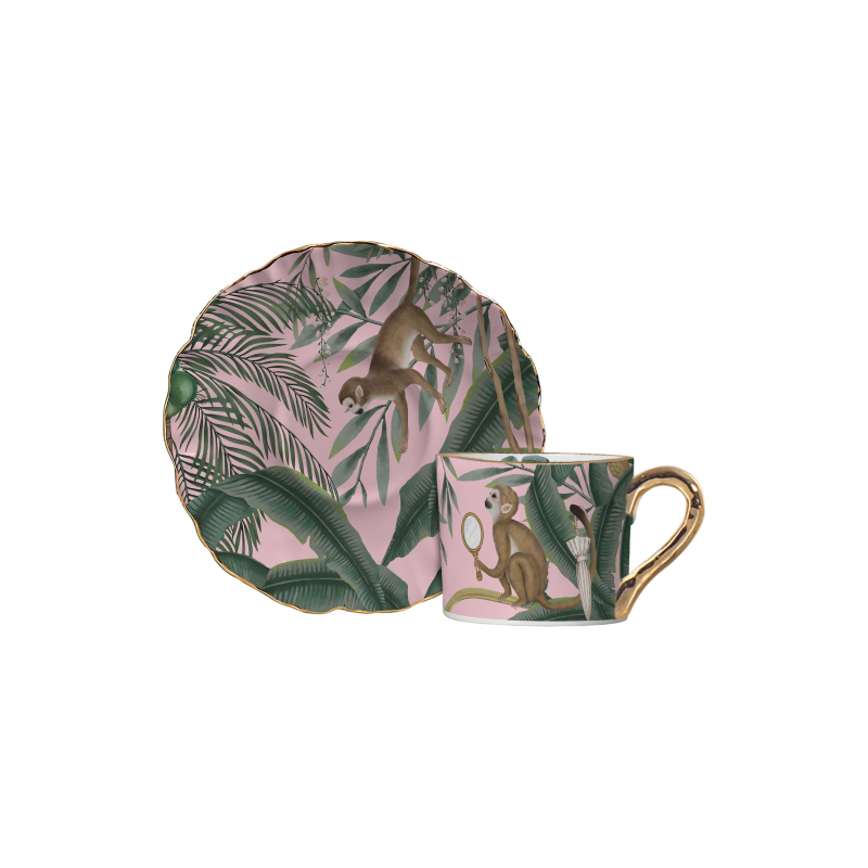 XICARA CHA PLAYFUL MONKEYS FUNDO ROSA C/ PIRES - Linha Playful Monkeys - 