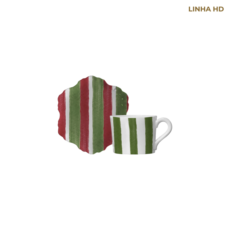 XICARA CAFÉ CHRISTMAS STRIPES VERDE/VERMELHO C/ PIRES - Linha Christmas Stripes - HD - 