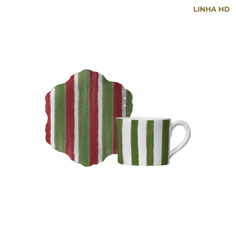 XICARA CHA CHRISTMAS STRIPES VERDE/VERMELHO C/ PIRES - Linha Christmas Stripes - HD - 