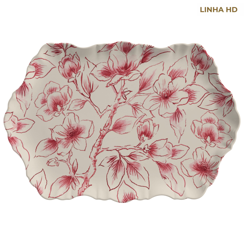 TRAVESSA MEDIA RETANGULAR SOFT BLOOM FLOR ROSA - Linha Soft Bloom - HD - 