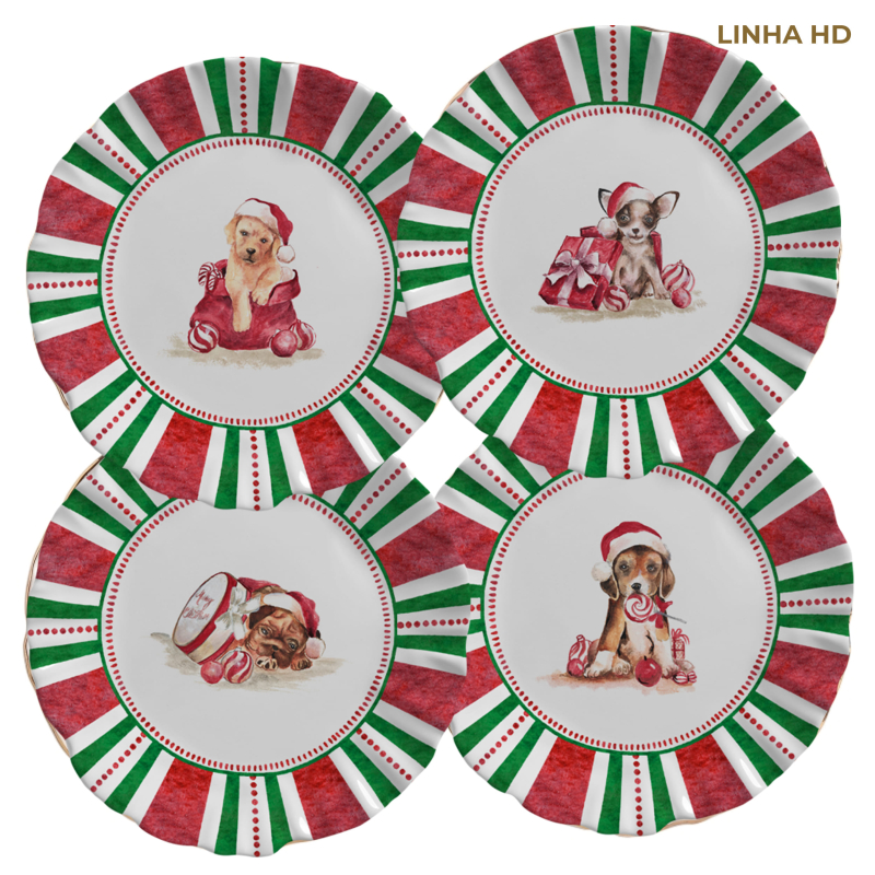 CONJ. 4 PRATOS SOBREMESA CHRISTMAS PUPPIES - Linha Christmas Puppies - HD - 