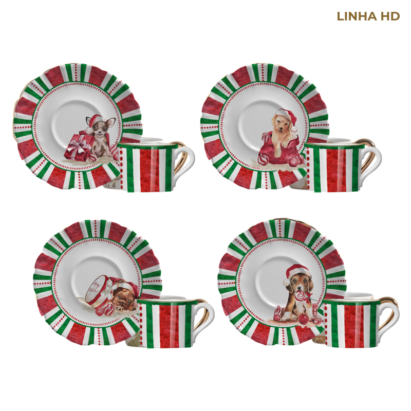 CONJ. 4 XICARA CHA CHRISTMAS PUPPIES C/ PIRES - Linha Christmas Puppies - HD - 