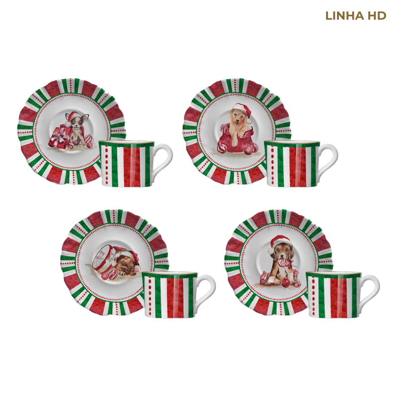 CONJ. 4 XICARA CAFE CHRISTMAS PUPPIES C/ PIRES - Linha Christmas Puppies - HD - 