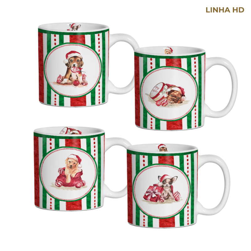 CONJ. 4 CANECAS CHRISTMAS PUPPIES C/ PIRES - Linha Christmas Puppies - HD - 