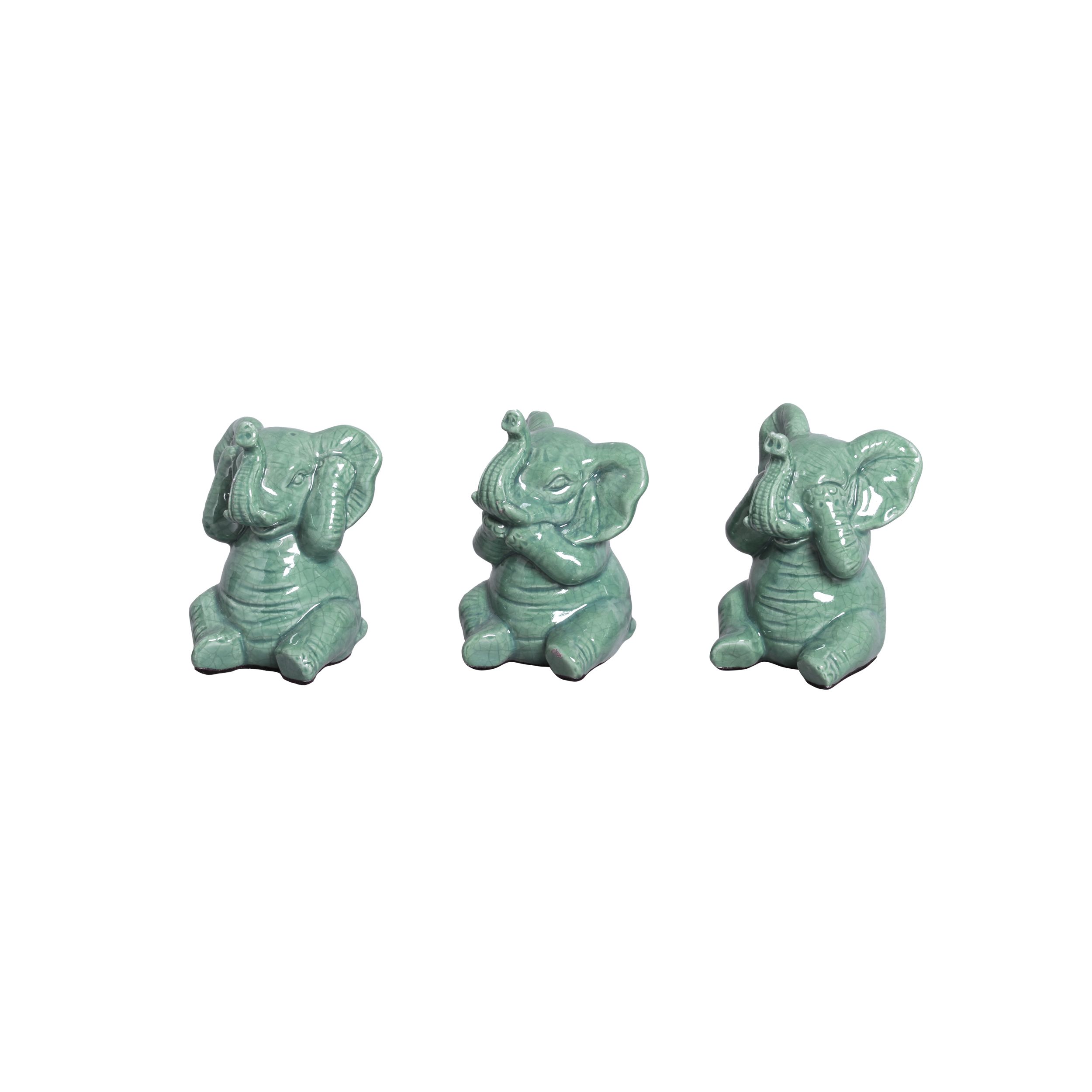 TRIO DE ELEFANTE VERDE FOLHA -  Objetos para Decoração em cerâmica - 
